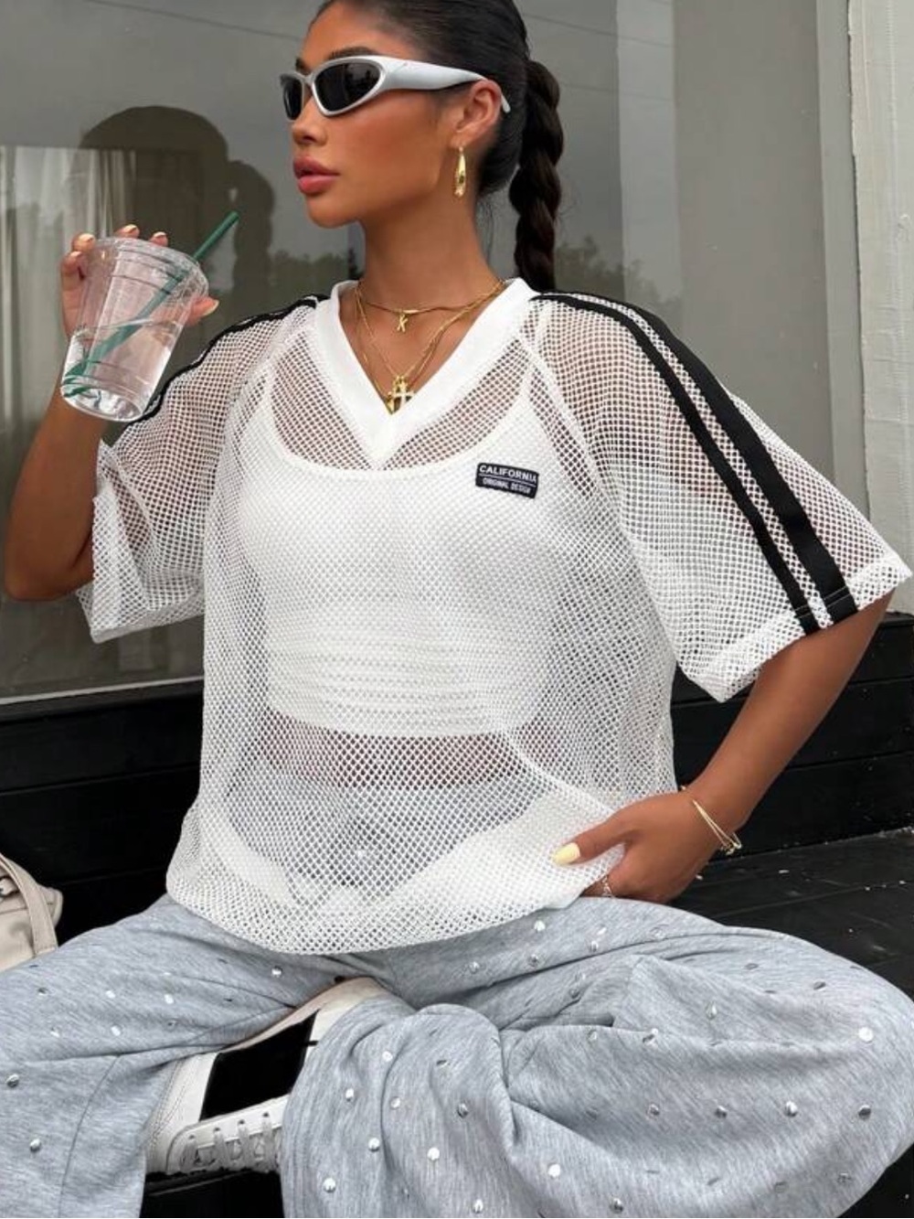 White Mesh V-Neck Sports Top with Black Stripe